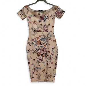 MISSGUIDED FLORAL OFF THE SHOULDER BODYCON MIDI DRESS SIZE 2